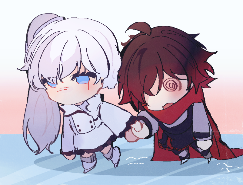 2girls, @_@, akane031, black_hair, blush, cape, chibi, dizzy