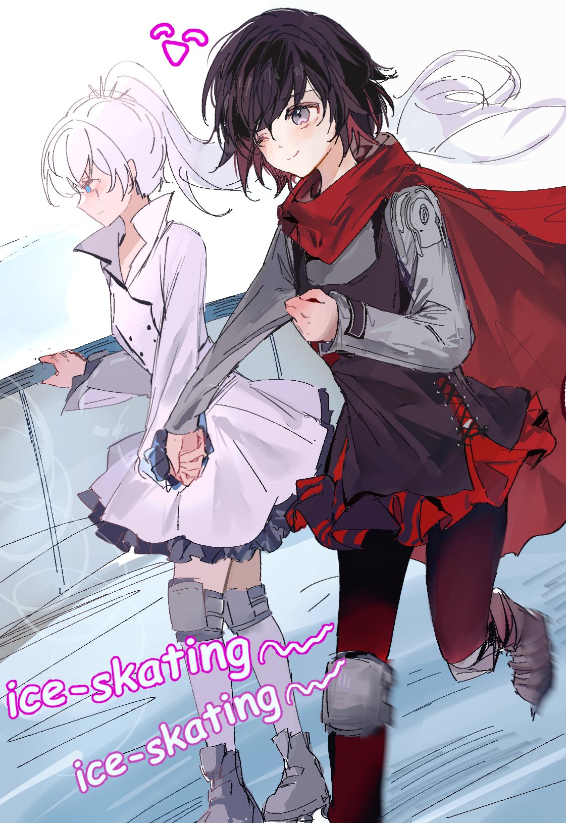 2girls, akane031, black_hair, blush, cape, highres, holding_hands, ice_skates