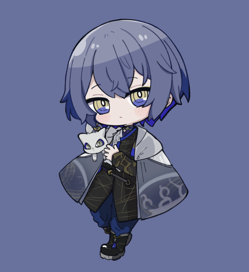 1boy, animal, animal_on_shoulder, black_footwear, black_jacket, blue_background, blue_eyes, blue_hair