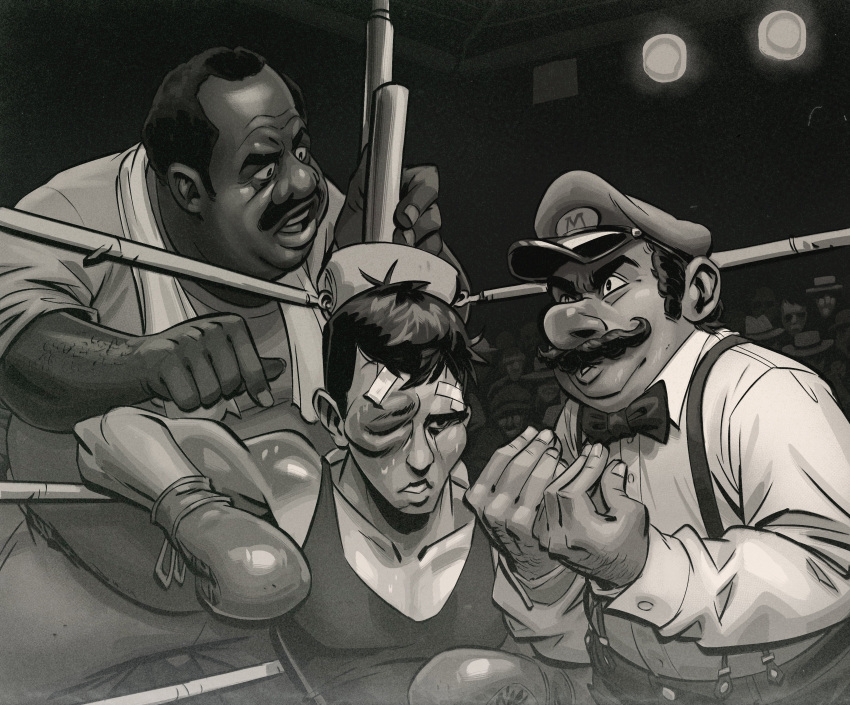 1960s_(style), 3boys, absurdres, angusburgers, arguing, audience, big_nose, black_hair