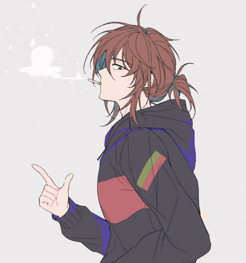 1boy, aji_(sagi_45), black_hoodie, brown_hair, cigarette, closed_mouth, commentary_request, from_side