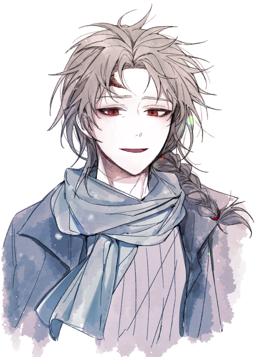 1boy, aji_(sagi_45), black_jacket, braid, brown_hair, commentary_request, grey_scarf, grey_sweater