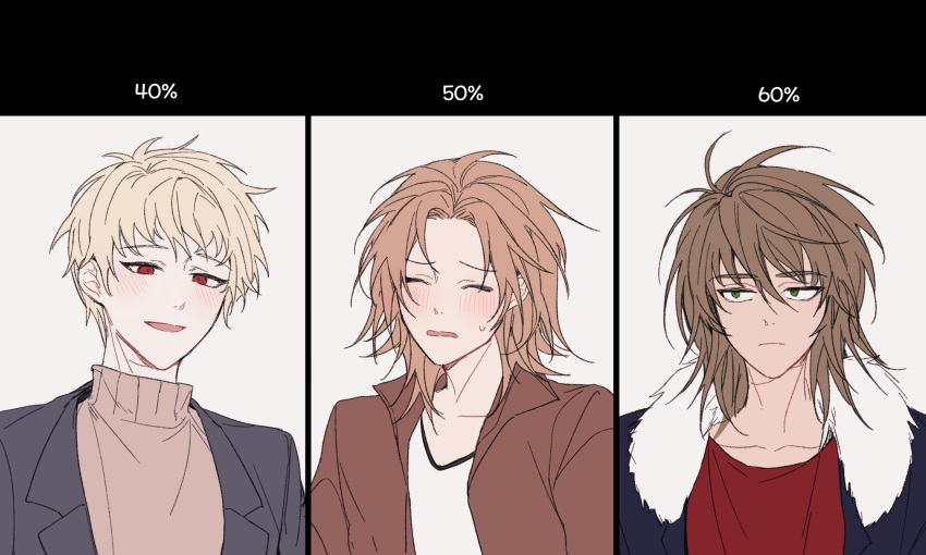 3boys, aji_(sagi_45), atou_haruki, black_jacket, blonde_hair, blush, brown_hair, brown_jacket
