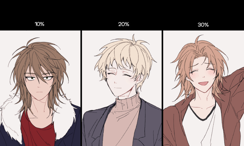 3boys, aji_(sagi_45), atou_haruki, black_jacket, blonde_hair, blush, brown_hair, brown_jacket