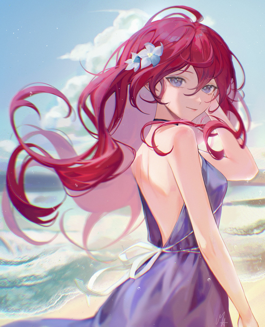 1girl, absurdres, ani_019, arm_up, bare_shoulders, breasts, closed_mouth, clouds, dress, flower, hair_between_eyes, hair_flower, hair_ornament, highres, long_hair, looking_at_viewer, original, purple_dress, redhead, sky, sleeveless, solo, very_long_hair, violet_eyes