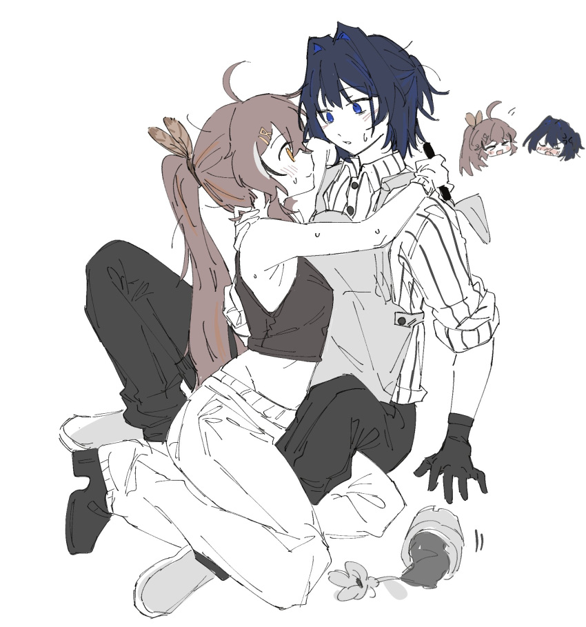 2girls, ahoge, alternate_costume, apron, black_footwear, black_gloves, black_pants, black_shirt