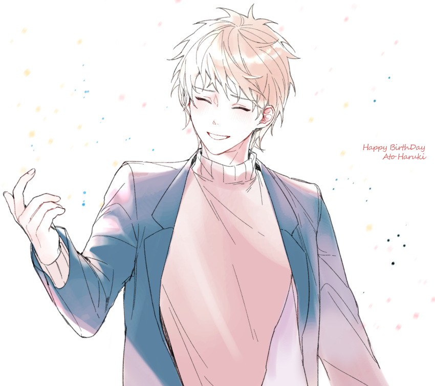 1boy, aji_(sagi_45), atou_haruki, black_jacket, blonde_hair, brown_sweater, character_name, closed_eyes