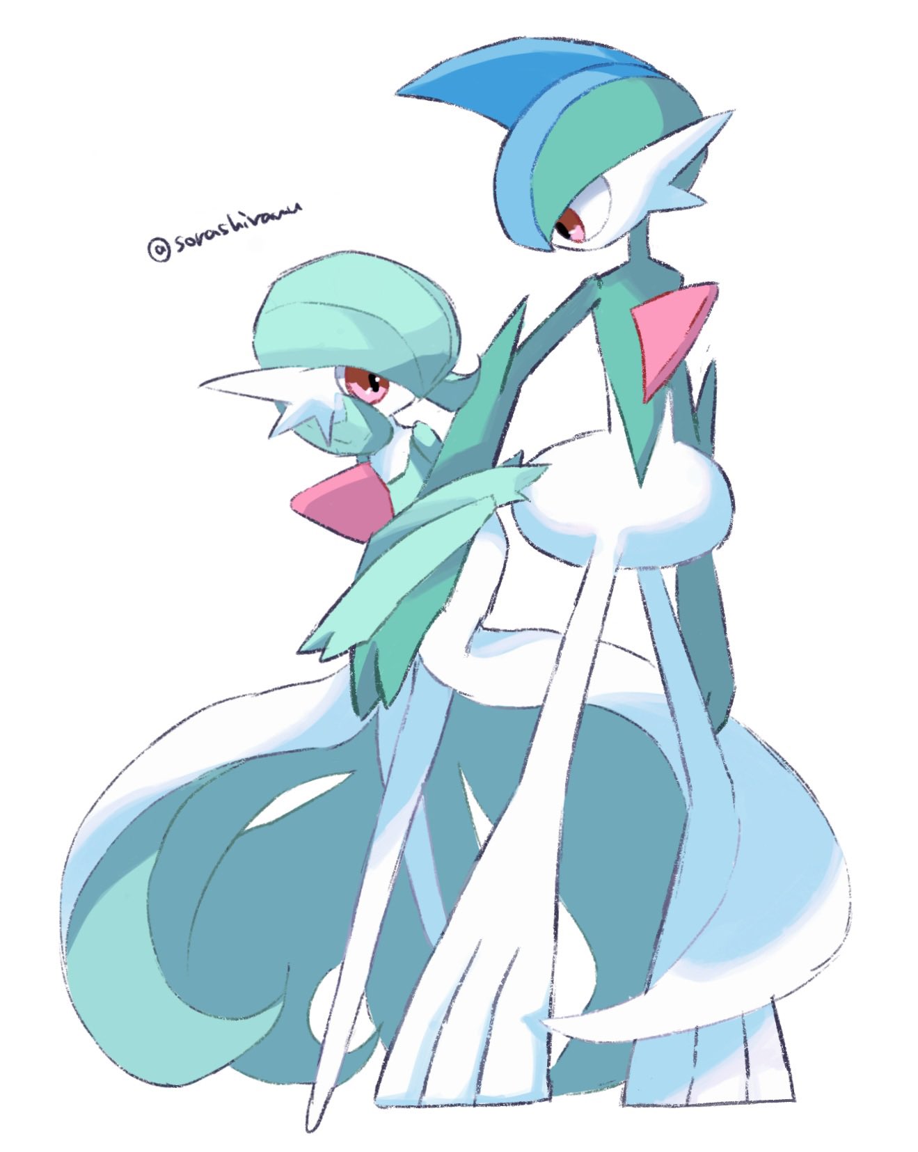 artist_name, bob_cut, colored_skin, dress, gallade, gardevoir, green_hair, green_skin