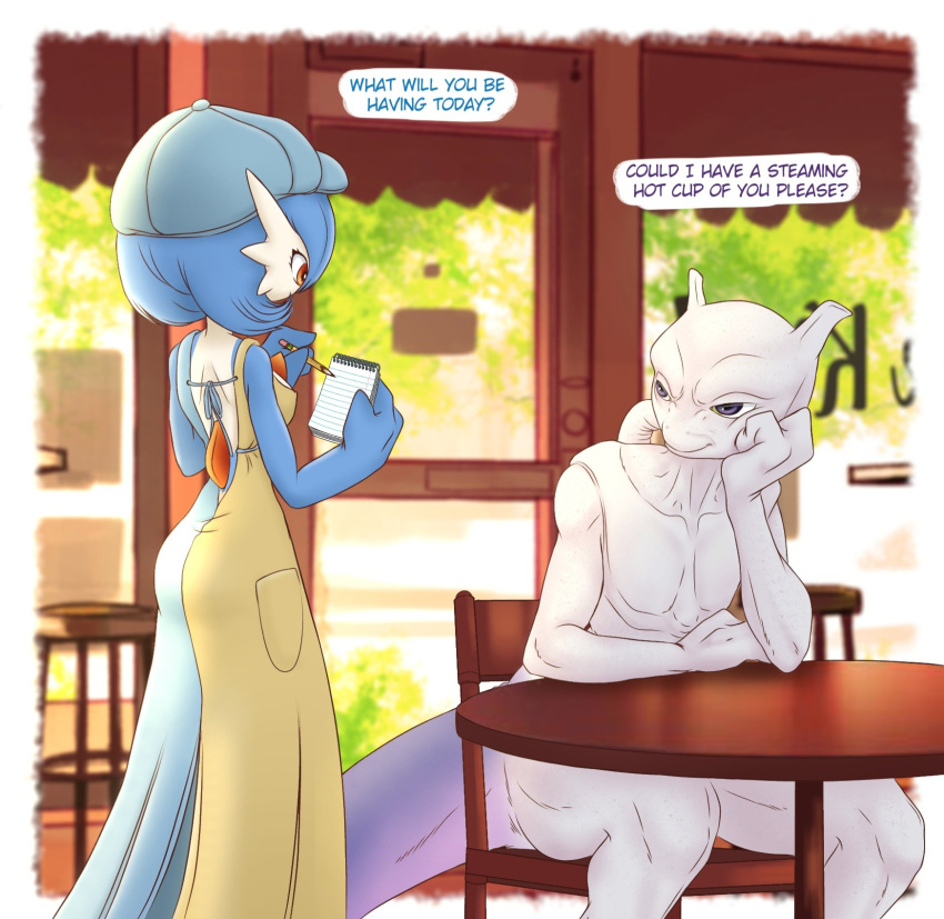 alternate_color, blue_hair, blue_skin, chair, clothed_pokemon, colored_skin, detective_pikachu, dress