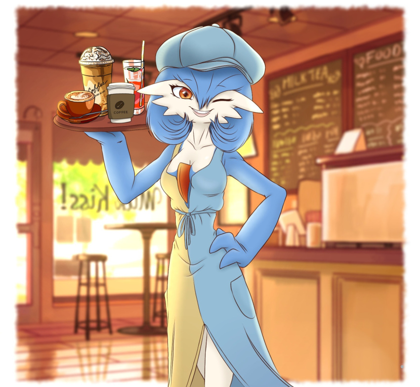 alternate_color, blue_hair, blue_skin, cafe, caffe_latte, chalkboard, clothed_pokemon, coffee