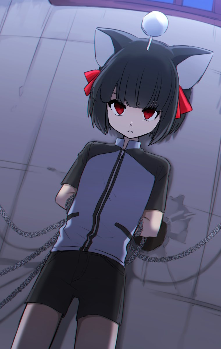1boy, a-11_(towelket), animal_ears, arms_behind_back, bad_id, bad_twitter_id, black_hair, blue_shirt, cat_ears, chain, chained, crack, cracked_wall, highres, leftporygon, radio_antenna, red_eyes, red_ribbon, ribbon, shirt, short_hair, shorts, solo, standing, towelket_wo_mou_ichido, yorumorukimiri