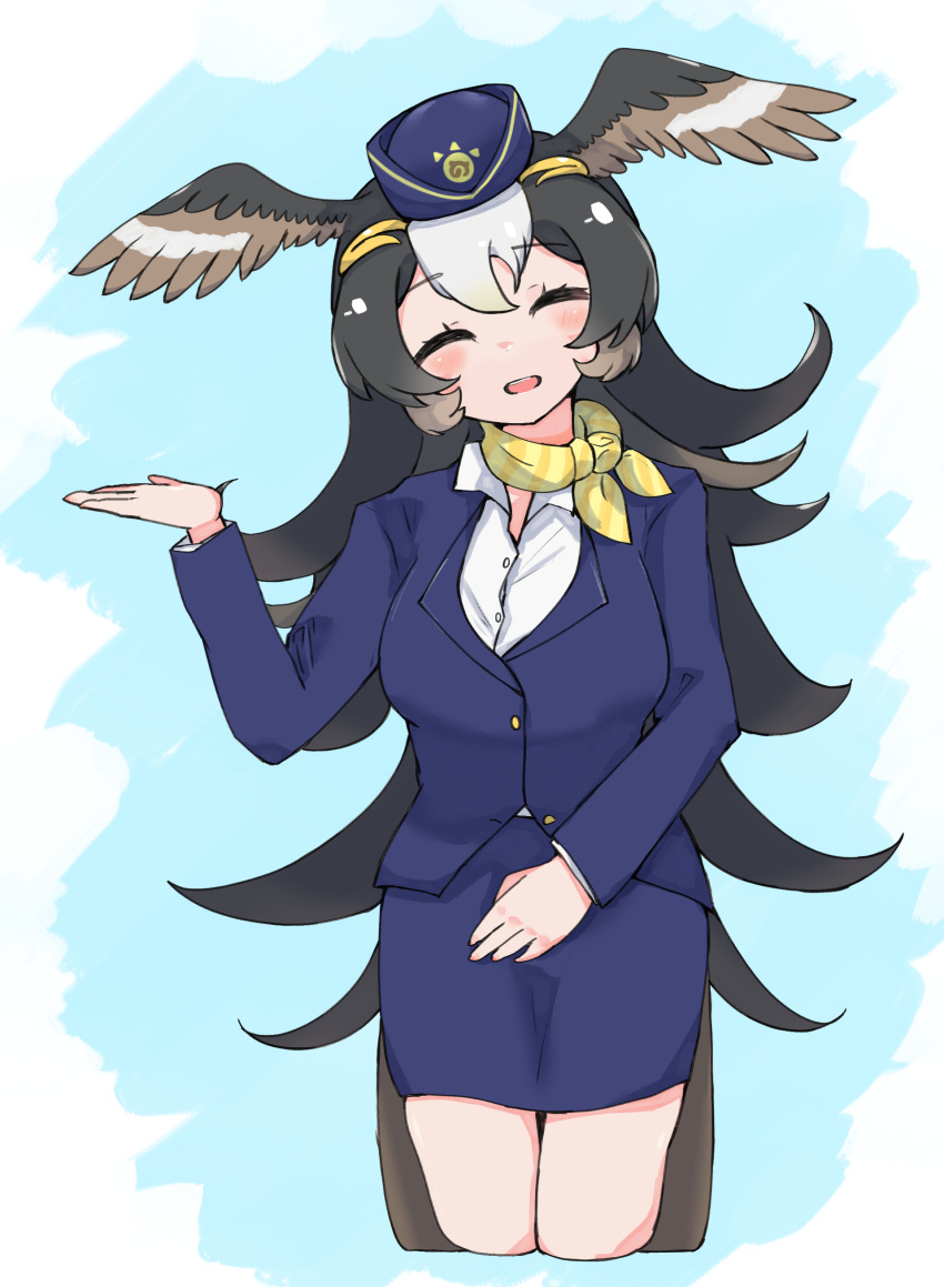 1girl, absurdres, alternate_costume, bird_girl, bird_tail, bird_wings, blue_hat, blue_jacket