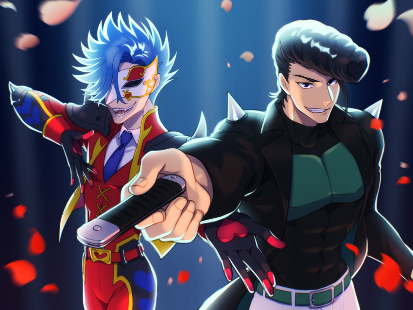 2boys, abs, adam_(sk8), akame_ga_kill!, banchou, belt, black_gloves, black_hair