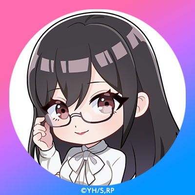 1girl, 2.5_jigen_no_ririsa, 2.5_jigen_no_ririsa_tenshitachi_no_stage, adjusting_eyewear, black-framed_eyewear, black_hair, blue_border, border, bow, bowtie, breasts, brown_eyes, chibi, chibi_only, commentary_request, copyright_notice, glasses, gradient_border, hair_between_eyes, hanyuu_mayuri, large_breasts, lips, long_hair, long_sleeves, looking_at_viewer, lowres, official_art, pink_border, profile_picture, semi-rimless_eyewear, shirt, sidelocks, solo, under-rim_eyewear, white_background, white_bow, white_bowtie, white_shirt
