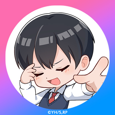 1boy, 2.5_jigen_no_ririsa, 2.5_jigen_no_ririsa_tenshitachi_no_stage, black_hair, black_sweater_vest, blue_border, border, chibi, chibi_only, closed_eyes, collared_shirt, commentary_request, copyright_notice, dress_shirt, gradient_border, hands_up, lowres, male_focus, necktie, official_art, okumura_masamune, open_mouth, pink_border, profile_picture, red_necktie, school_uniform, shirt, short_hair, smile, solo, split_mouth, sweater_vest, u_u, upper_body, white_background, white_shirt