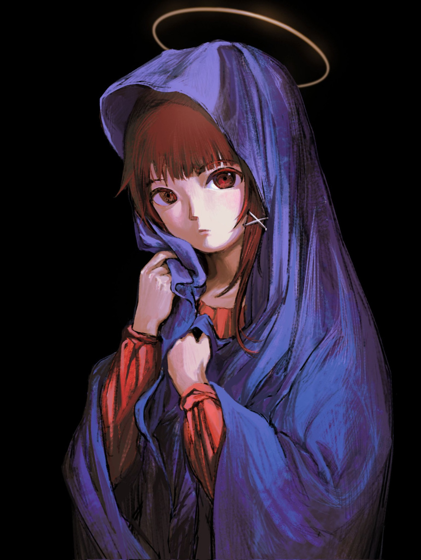 1girl, black_background, brown_hair, closed_mouth, hair_ornament, halo, hands_up, highres