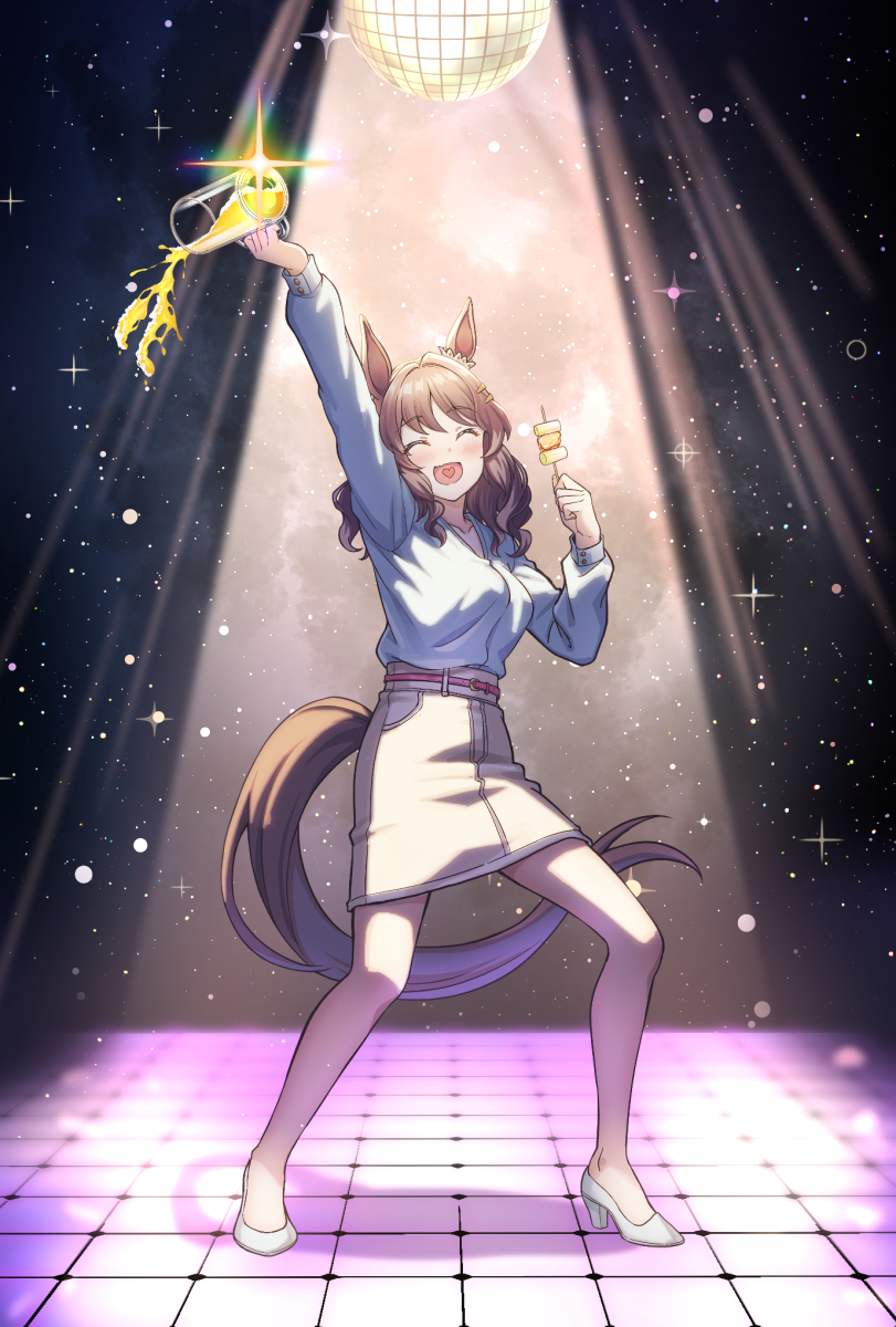 1girl, ^_^, alcohol, animal_ears, arm_up, beer, beer_mug, belt