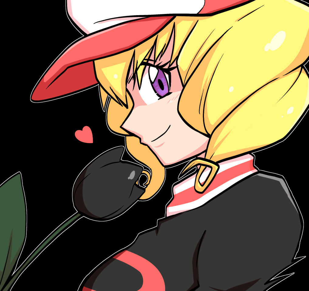 1girl, black_background, black_flower, black_tulip, blonde_hair, domino_(pokemon), flower, from_side, heart, kurachi_mizuki, light_blush, outline, pokemon, pokemon_(anime), pokemon_(classic_anime), short_hair, simple_background, smile, solo, team_rocket, team_rocket_uniform, tulip, upper_body, violet_eyes, white_outline