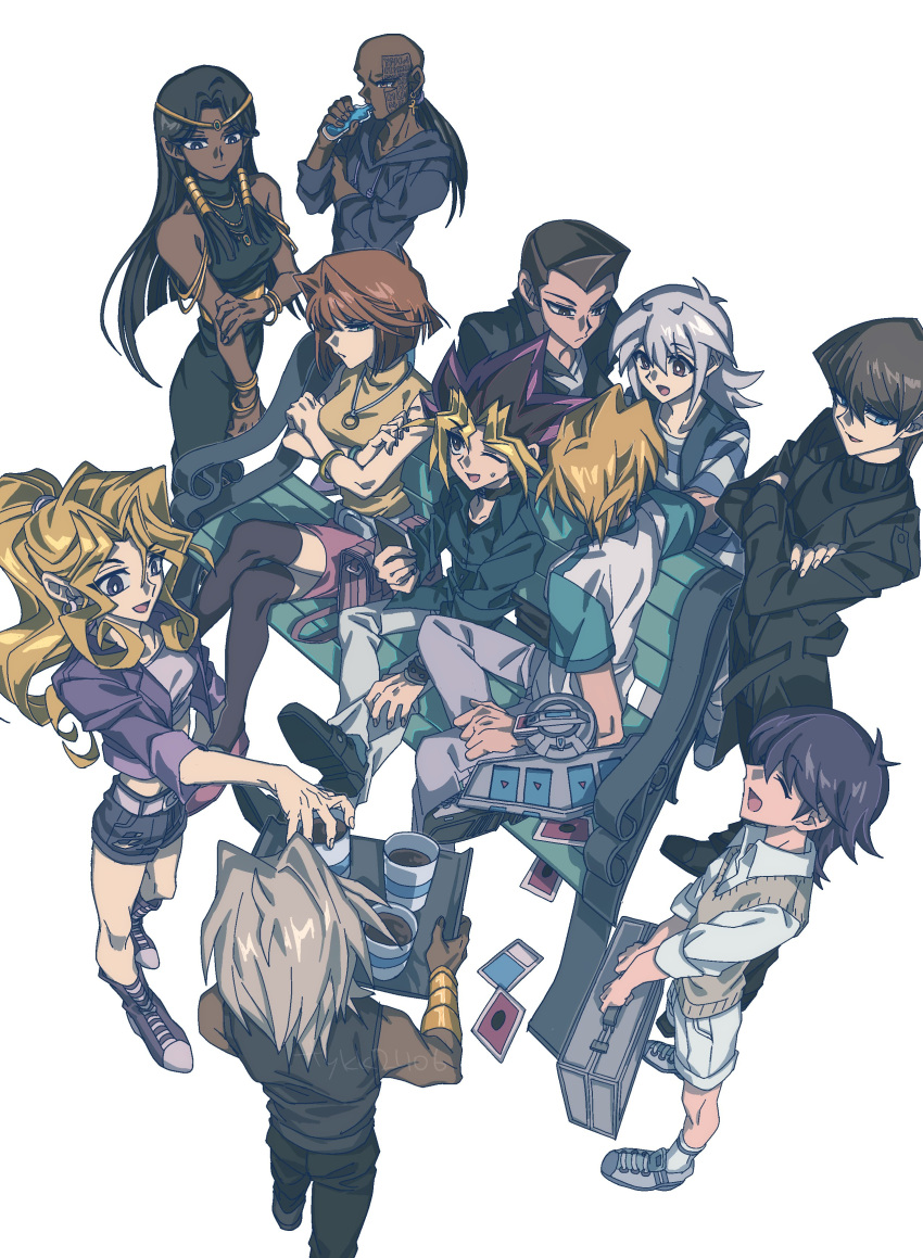 6+boys, absurdres, bakura_ryou, black_hair, blonde_hair, briefcase, dark-skinned_female, dark_skin