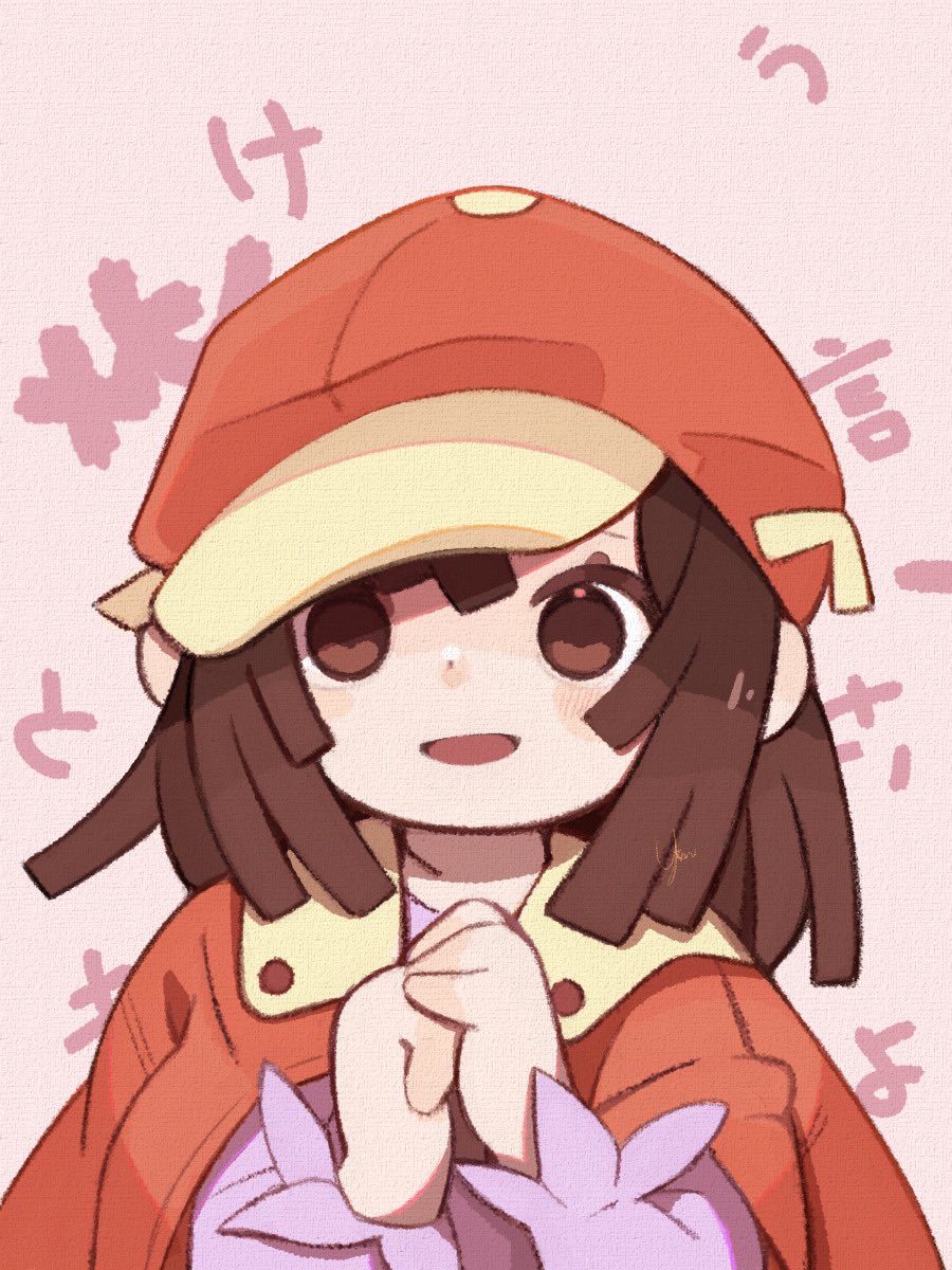 1girl, bakemonogatari, brown_eyes, brown_hair, deformed, dot_nose, hat, highres, long_sleeves, looking_at_viewer, monogatari_(series), open_mouth, own_hands_clasped, own_hands_together, sengoku_nadeko, smile, solo, yknsugar