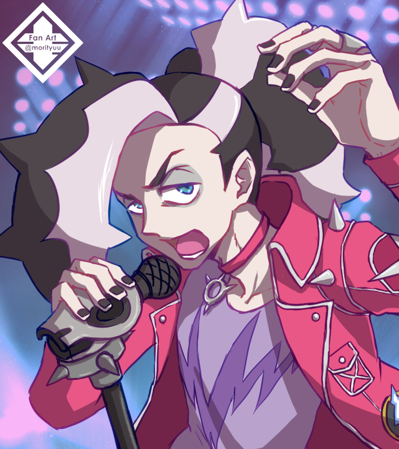 1boy, alternate_color, black_hair, blue_eyes, eyeshadow, grey_eyeshadow, holding, holding_microphone