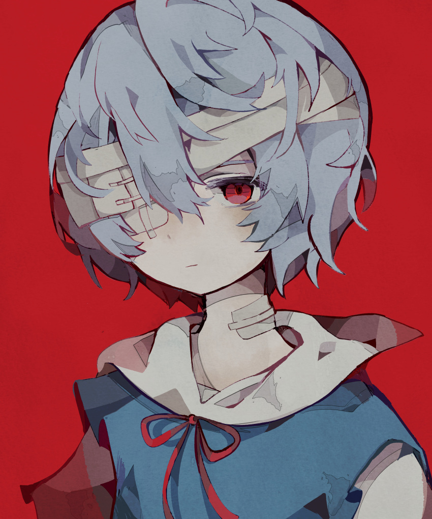 1girl, absurdres, ayanami_rei, bandage_on_neck, bandage_over_one_eye, closed_mouth, eyepatch, highres