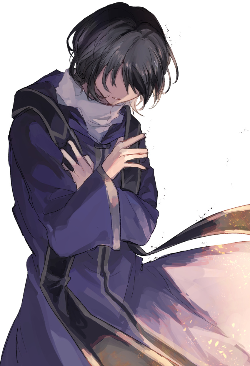 1boy, black_hair, coat, commentary_request, cowboy_shot, crossed_arms, fumi_(rdbm), gold_trim