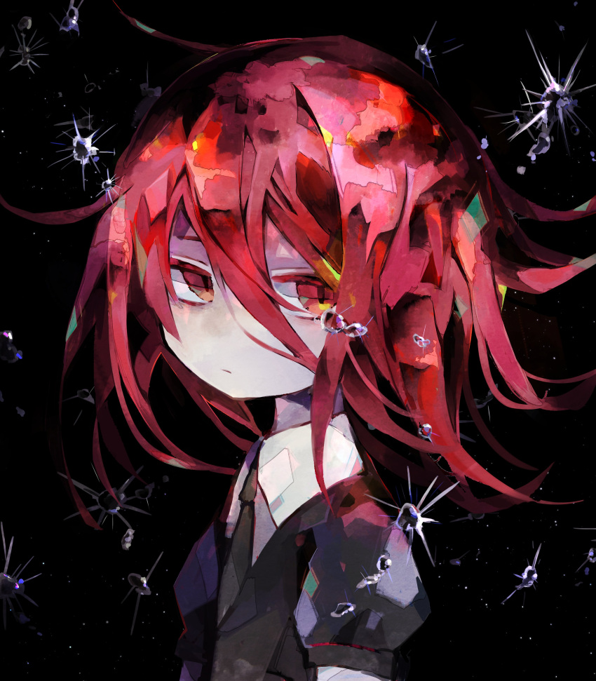 1other, absurdres, black_background, black_necktie, cinnabar_(houseki_no_kuni), closed_mouth, collared_shirt, frown