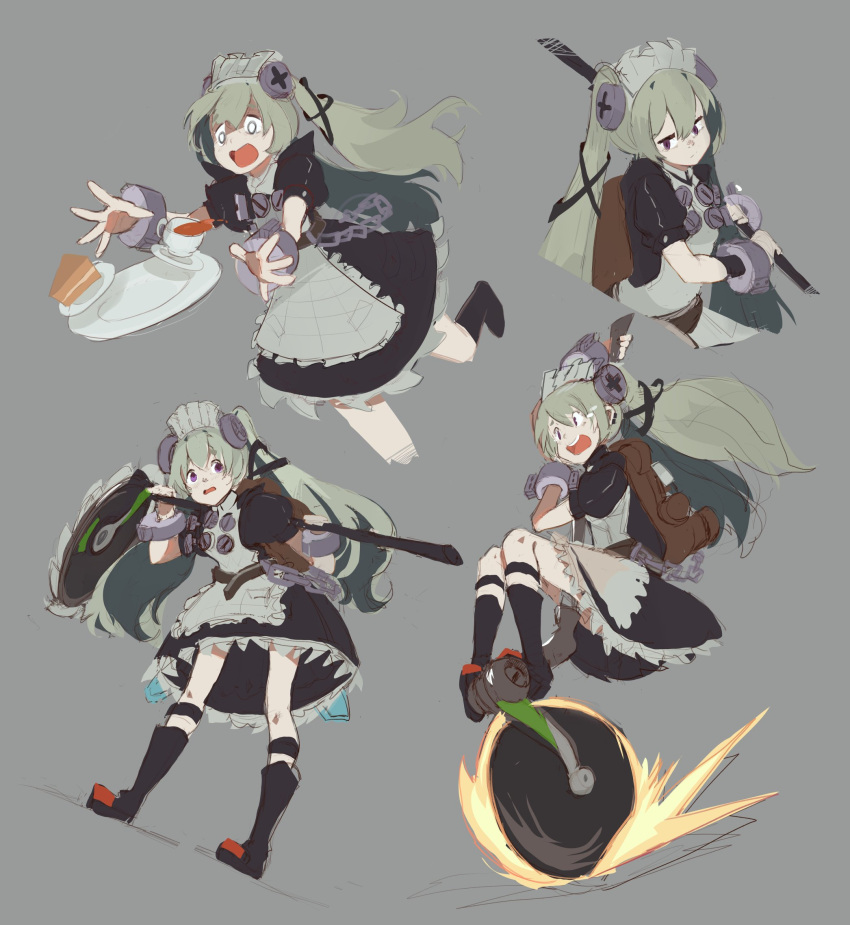 1girl, accident, black_dress, cake, cake_slice, circular_saw, corin_wickes, cup