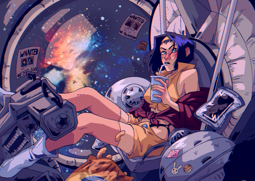 1girl, asaltysquid, blush, breasts, cheetos, cowboy_bebop, faye_valentine, green_eyes