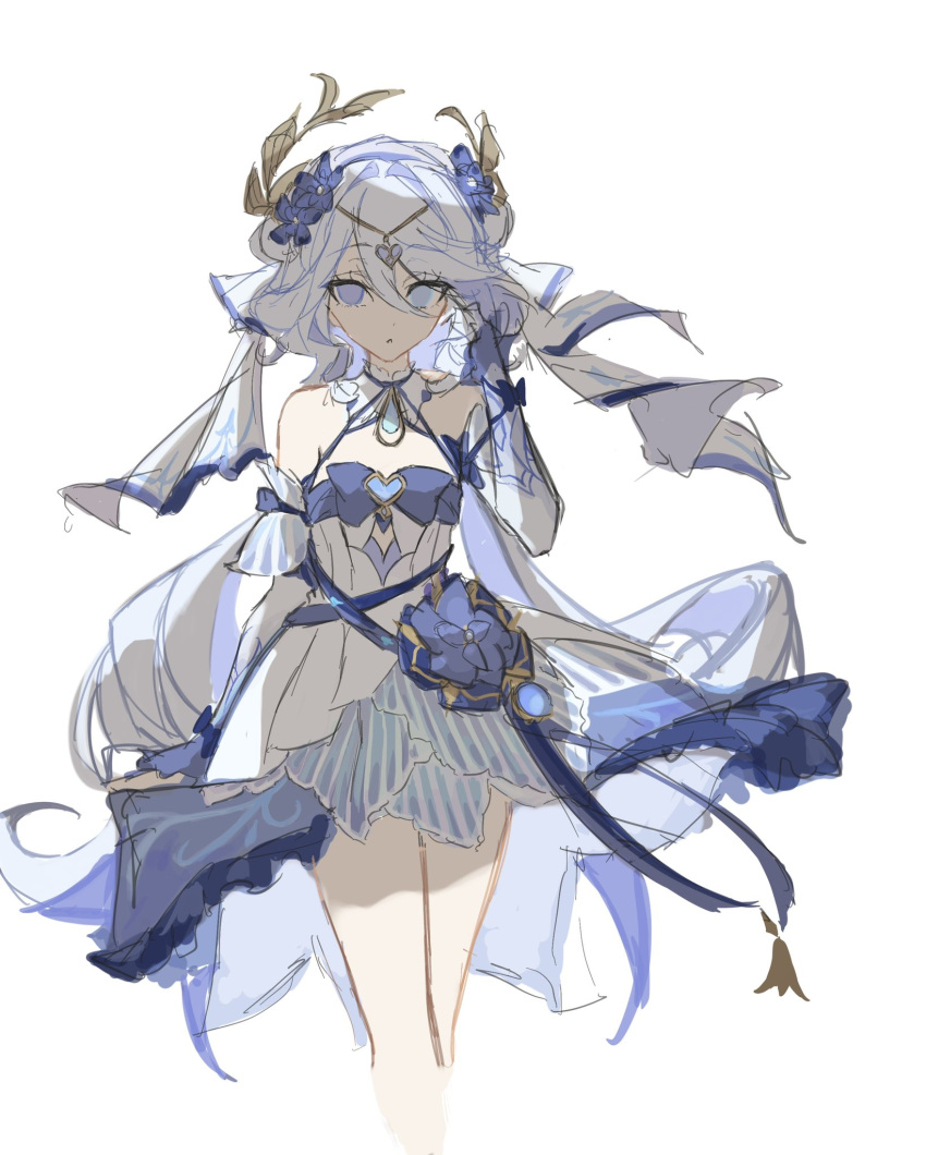 1girl, alternate_costume, bare_legs, bare_shoulders, blue_eyes, blue_flower, cosplay, dress