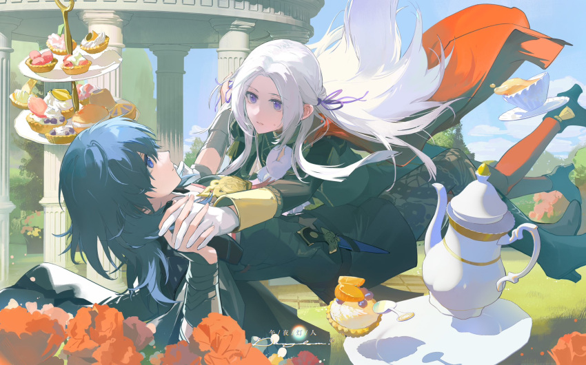 2girls, amphitheater, artuvia, blue_eyes, blue_hair, blue_sky, byleth_(female)_(fire_emblem), byleth_(fire_emblem)