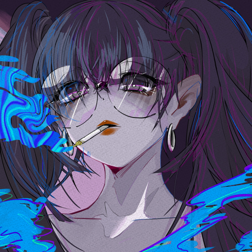 1girl, absurdres, black_hair, brown_eyes, colored_smoke, earrings, failan_(gnccj01), glasses, highres, jewelry, lipstick, looking_at_viewer, makeup, mouth_hold, original, smoke, smoking, twintails