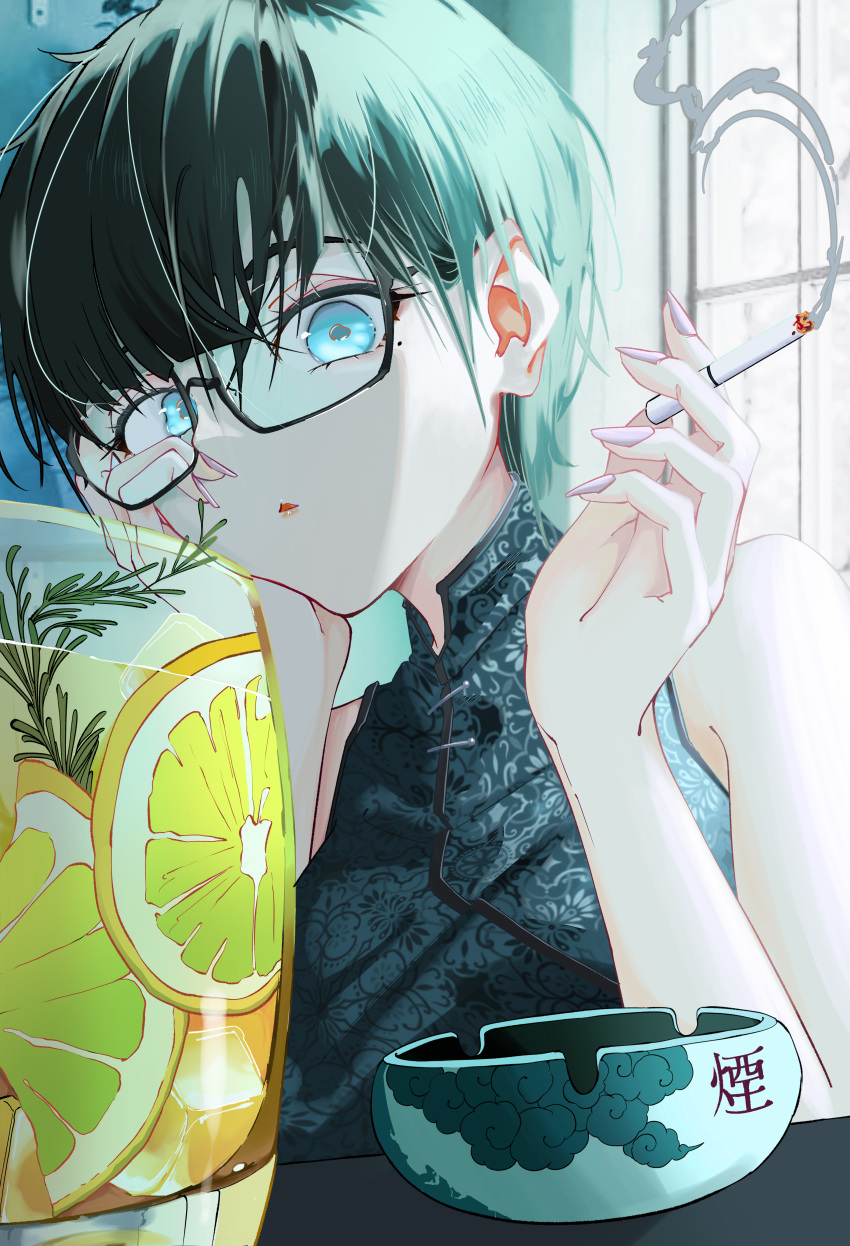 1girl, absurdres, ashtray, black_hair, blue_eyes, china_dress, chinese_clothes, cigarette, dress, failan_(gnccj01), food, fruit, glasses, hand_up, highres, holding, holding_cigarette, indoors, kowloon_generic_romance, kujirai_reiko, lemon, lemon_slice, nail_polish, smoke, solo, upper_body