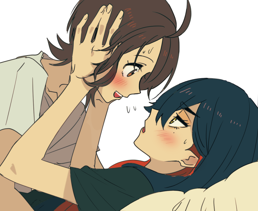 2girls, black_hair, black_shirt, blush, brown_eyes, brown_hair, carmine_(pokemon), colored_inner_hair, hands_on_another's_head, hyaku_ae_mon, juliana_(pokemon), mole, mole_under_eye, multicolored_hair, multiple_girls, on_bed, open_mouth, pokemon, pokemon_sv, redhead, shirt, short_sleeves, two-tone_hair, white_background, white_shirt, yellow_eyes, yuri