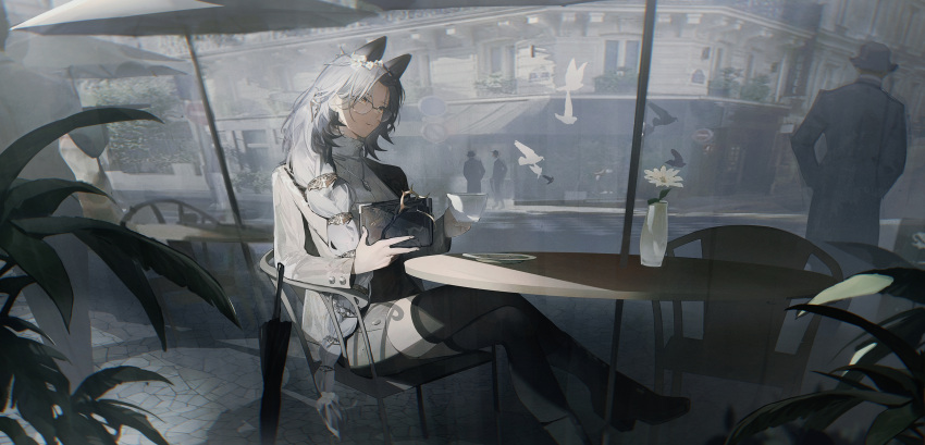 1girl, absurdres, animal_ears, arknights, black_thighhighs, book, braid, braided_ponytail
