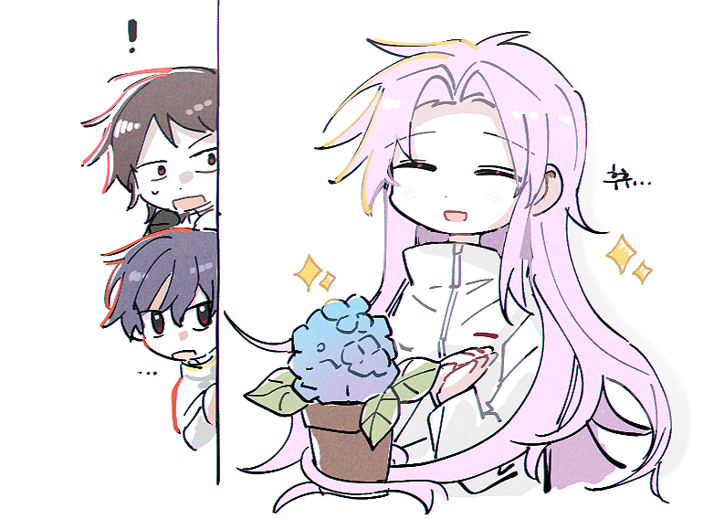 !, ..., 3boys, blue_flower, blue_hair, brown_hair, closed_eyes, commentary_request