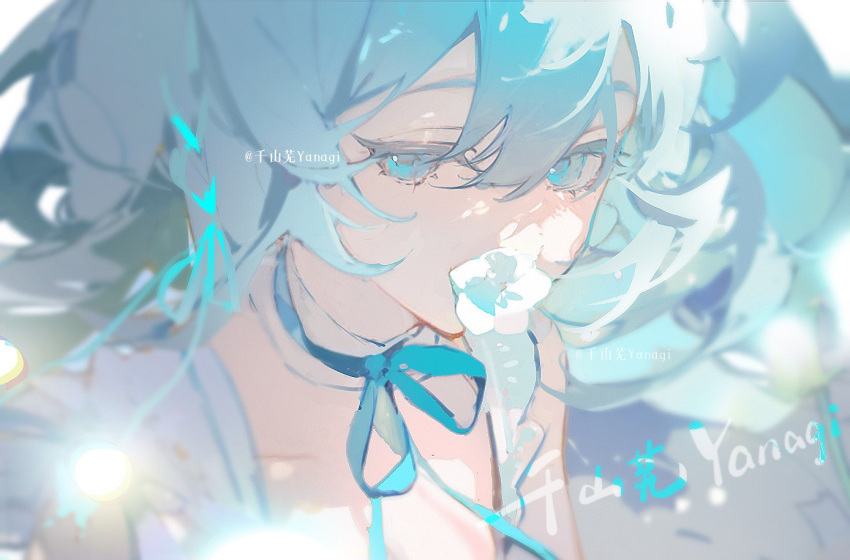 1girl, artist_name, blue_eyes, blue_hair, blue_ribbon, choker, dress, eyelashes
