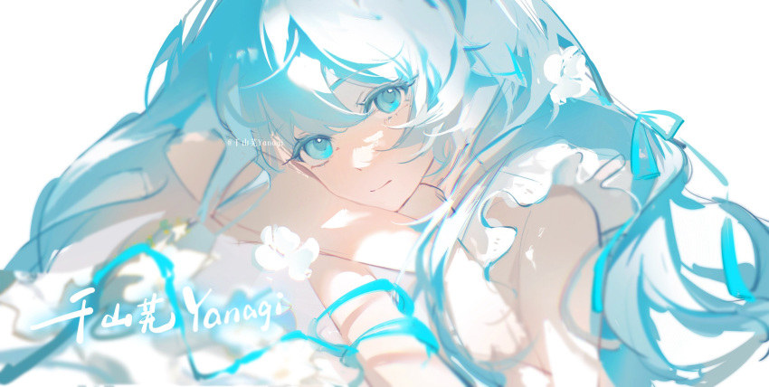 artist_name, blue_bow, blue_eyes, blue_hair, bow, closed_mouth, dress, eyelashes