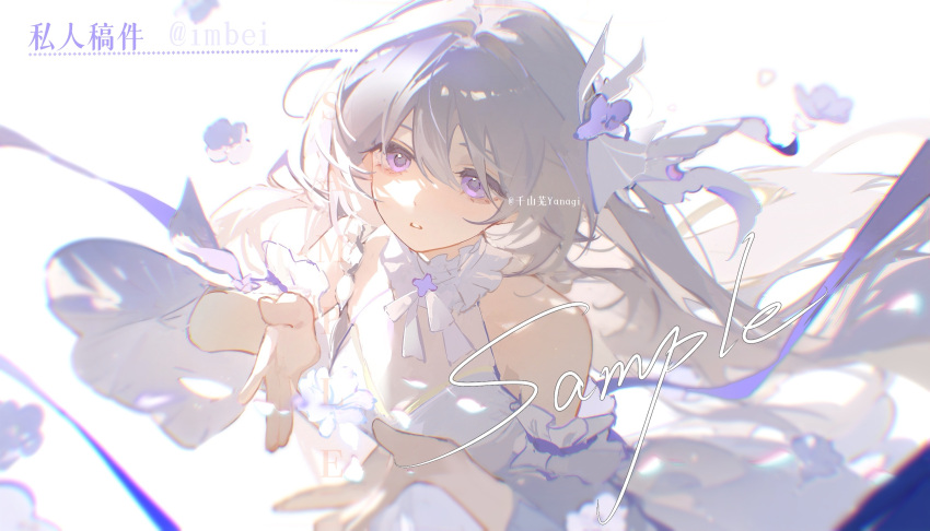 1girl, artist_name, bare_shoulders, blurry, chinese_text, chromatic_aberration, depth_of_field, detached_sleeves, dress, expressionless, eyelashes, flower, frilled_sleeves, frills, grey_hair, hair_between_eyes, hair_intakes, hair_ornament, highres, long_hair, looking_at_viewer, open_hand, original, parted_lips, purple_flower, purple_ribbon, ribbon, sample_watermark, sidelocks, simple_background, solo, sunlight, upper_body, very_long_hair, violet_eyes, watermark, white_background, white_dress, white_flower, wide_sleeves, yanxiaoyanyan490