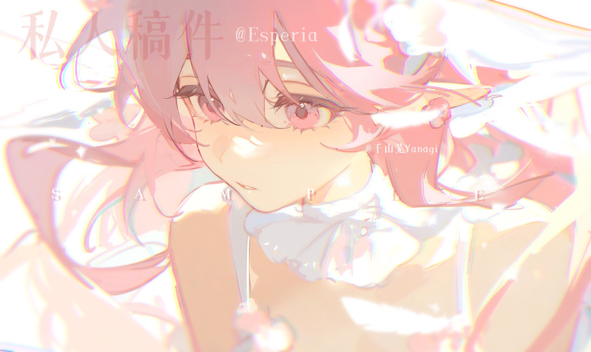 1girl, absurdres, artist_name, bare_shoulders, blurry, chinese_text, choker, chromatic_aberration
