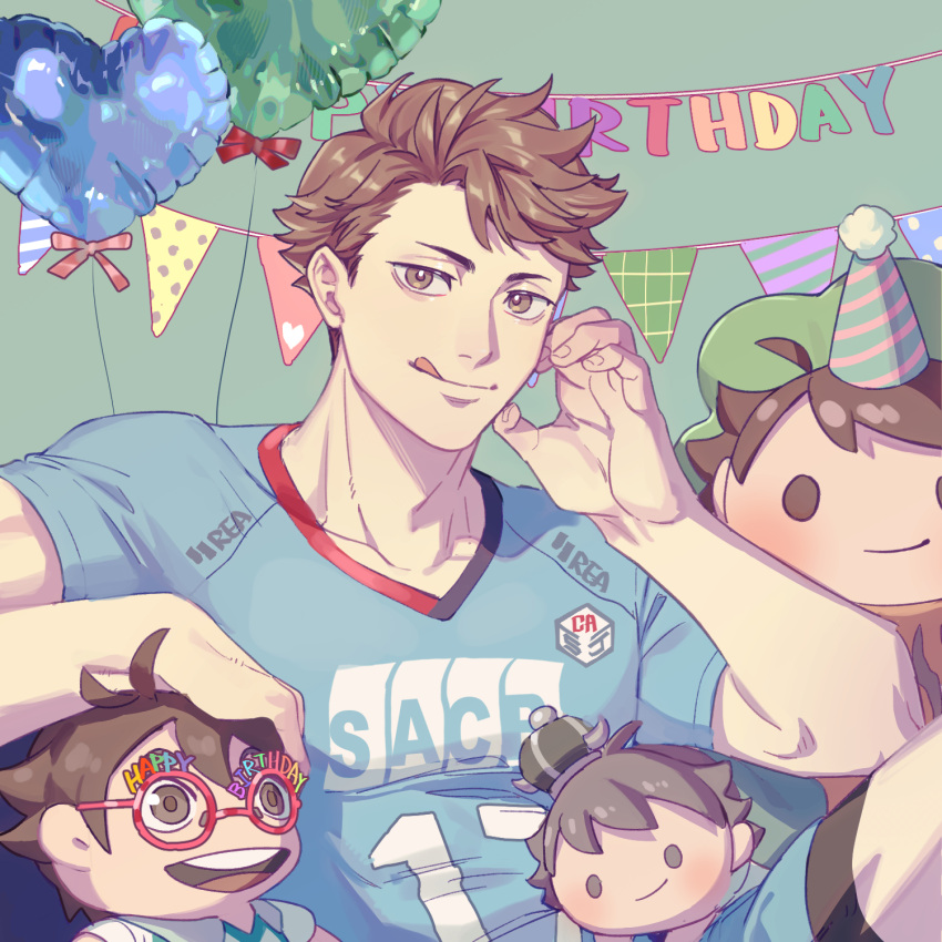 1boy, balloon, birthday, bow, brown_eyes, brown_hair, elbow_on_knee, glasses, haikyuu!!, hand_on_own_face, happy_birthday, hat, heart_balloon, highres, licking_lips, looking_at_viewer, male_focus, novelty_glasses, oikawa_tooru_(haikyuu!!), party_hat, sitting, smile, solo, spiky_hair, sportswear, straight-on, stuffed_toy, tachi_(tachibana), tongue, tongue_out, upper_body, volleyball_uniform