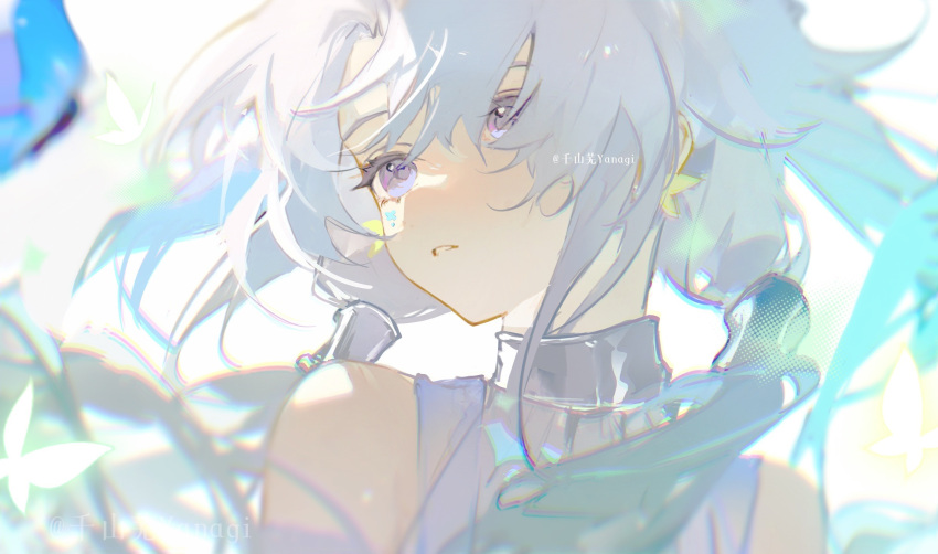 1girl, artist_name, bare_shoulders, blue_butterfly, blurry, bug, butterfly, butterfly_earrings, chromatic_aberration, earrings, expressionless, eyelashes, facial_mark, highres, jewelry, long_hair, looking_at_animal, onmyoji_arena, parted_bangs, parted_lips, portrait, screentones, shiranui_(onmyoji), sidelocks, simple_background, solo, violet_eyes, white_background, white_hair, yanxiaoyanyan490