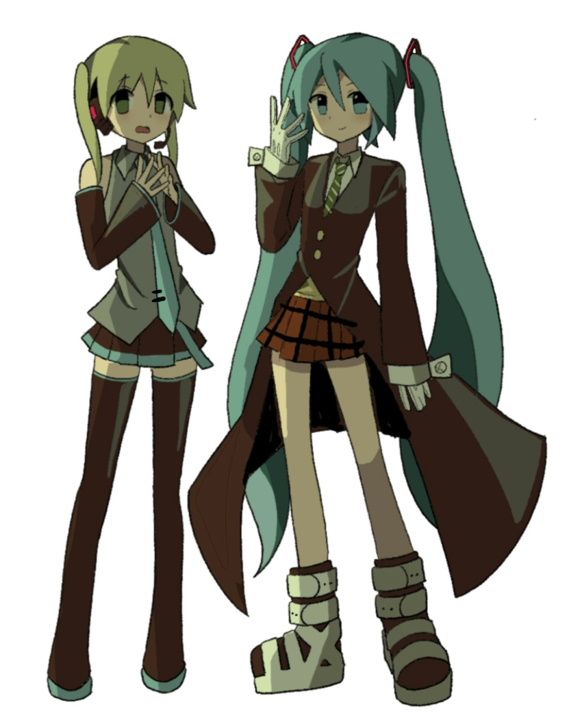 2girls, aqua_eyes, aqua_hair, aqua_necktie, bare_shoulders, black_coat, black_skirt, black_sleeves