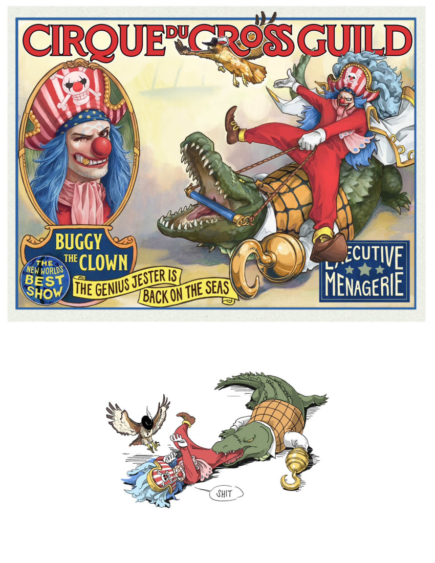 1boy, animalization, bird, biting, biting_another's_leg, black_hat, blue_hair, bridle, buggy_the_clown, cape, cloak, clown_nose, commentary, crocodile, crocodile_(one_piece), crocodilian, cross, cross_necklace, crying, dracule_mihawk, english_commentary, english_text, gloves, gold_trim, hat, hawk, highres, hook, hook_hand, jewelry, long_hair, lying, male_focus, mugibaras, necklace, on_back, one_eye_closed, one_piece, person_and_animalization, pink_scarf, pirate_hat, red_cloak, riding, scar, scar_on_face, scarf, sharp_teeth, shirt, skull_and_crossbones, speech_bubble, striped_clothes, striped_headwear, teeth, undershirt, white_cape, white_gloves, white_shirt