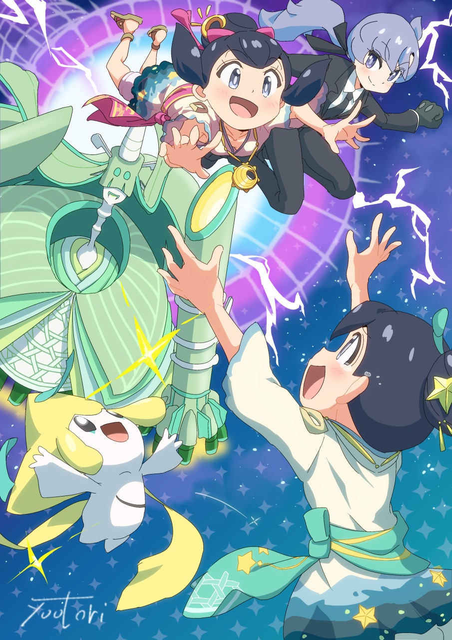:d, anabel_(pokemon), black_eyes, black_gloves, black_hair, black_jacket, black_necktie, black_pants