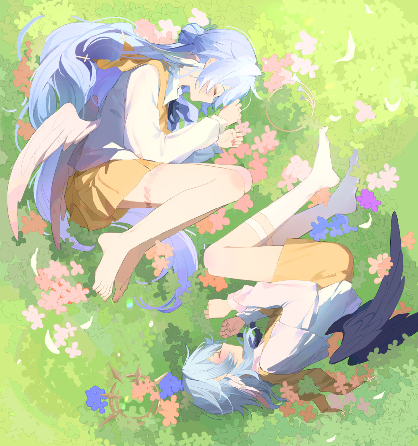 1boy, 1girl, aged_down, angel_wings, barefoot, bazhua, black_ribbon, black_wings