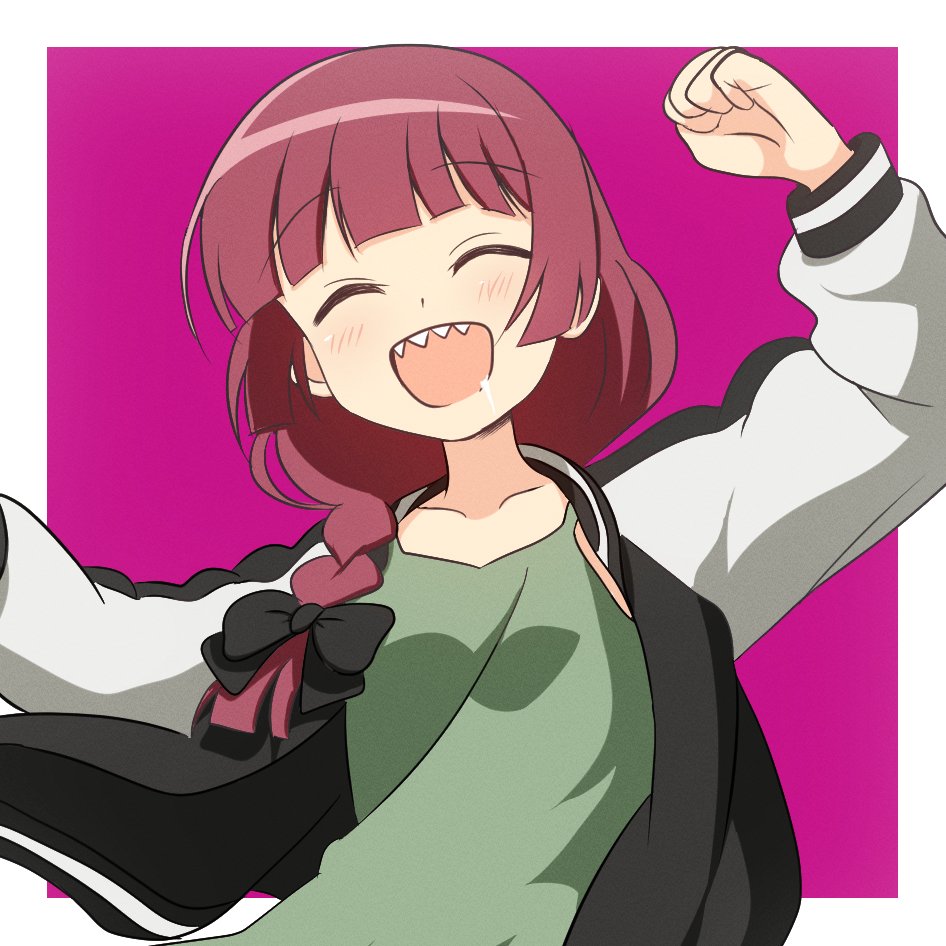1girl, ^_^, arms_up, black_bow, black_jacket, blush, bocchi_the_rock!, border