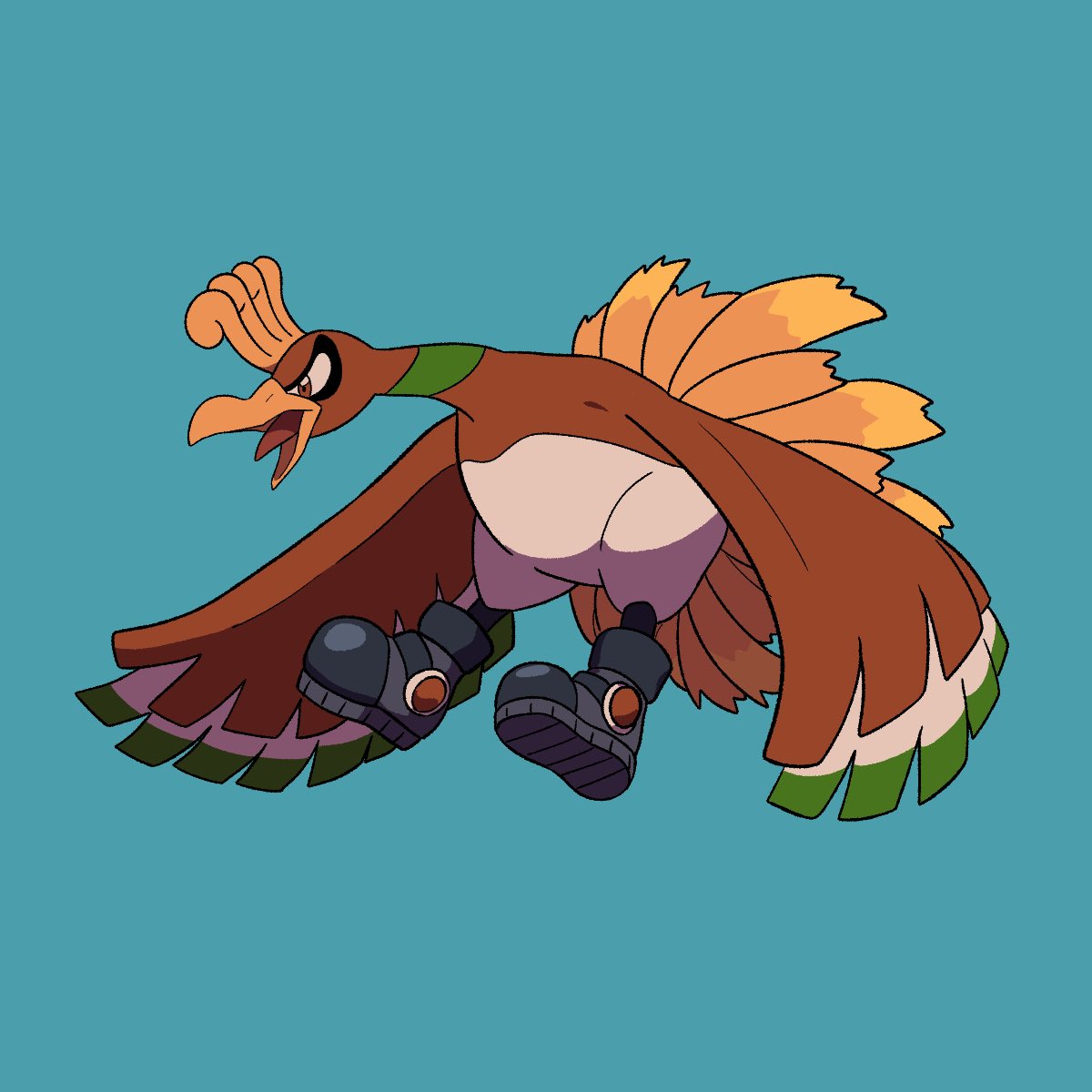 animal_focus, black_footwear, blue_background, boots, clothed_pokemon, commentary_request, heavy-duty_boots_(pokemon), highres, ho-oh, looking_afar, no_humans, open_mouth, pokemon, pokemon_(creature), red_eyes, simple_background, solo, tongue, tyako_089