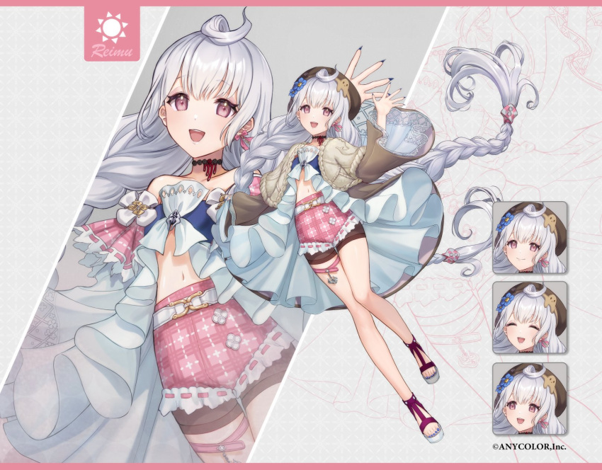 :d, ahoge, beret, blue_nails, closed_eyes, closed_mouth, copyright_name, fingernails